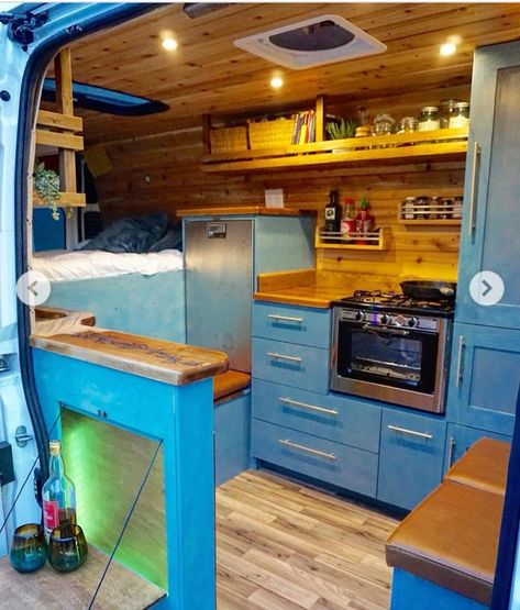 Blue Rv Interior, Rv Blue Cabinets, Scamp Remodel, Camper Van Blue Interior, Van Conversion Kitchen, Van Life Ambulance, Converted Ambulance Camper Van, Campervan Travel, Campervan Awnings