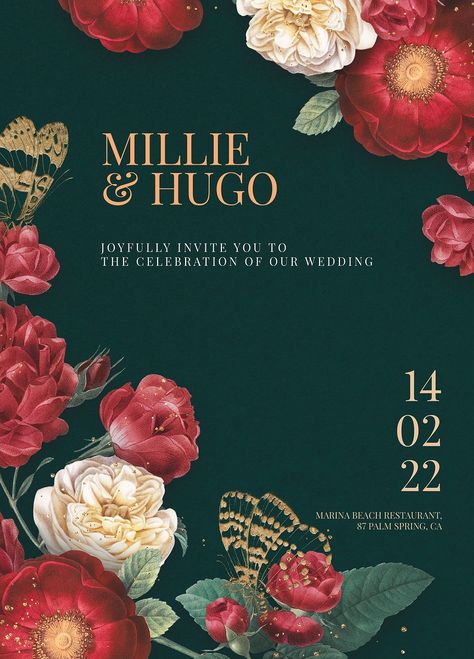 Editable psd green floral wedding invitation card template in vintage style | premium image by rawpixel.com / Sasi Vintage Wedding Cards Invitation, Creative Invitation Design, Wed Invitation, Engagement Invitation Card Design, Floral Invitation Design, Invitation Website, Vintage Floral Wedding Invitations, Vintage Wedding Cards, Floral Wedding Invitation Card