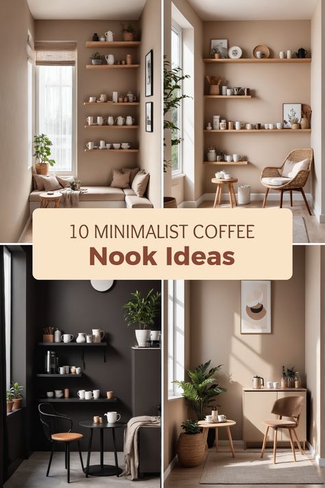 This pin showcases 4 beautiful images of minimalist coffee nooks, featuring cozy seating, elegant tables, and organized shelving. Ideal for anyone looking to revamp their coffee corner into a stylish yet functional space. Coffee Nook Decor, Coffee Nook Ideas, Organized Shelves, Coffee Nooks, Nook Inspiration, Cozy Window, Window Seating, Cozy Window Seat, Coin Café