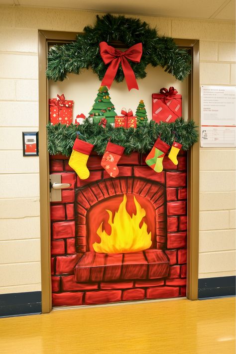 Christmas Fireplace Door Decoration, Fireplace Door Decoration Christmas, Christmas Classroom Door Decorations, Christmas Door Decor Ideas, Classroom Door Decorations, Door Decor Ideas, Door Decorations Classroom Christmas, Red Brick Fireplaces, Christmas Door Decor