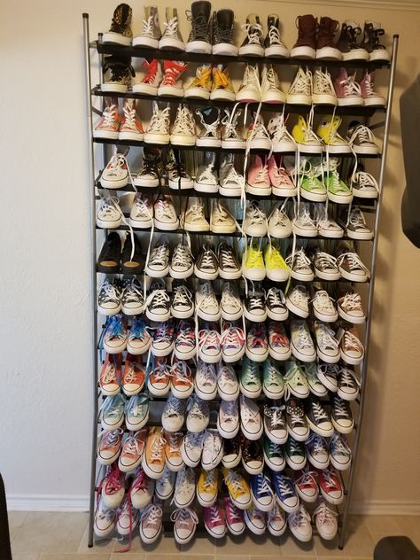 My wall of Cons Converse Display, Converse Collection Closet, Converse Collection Aesthetic, Converse Collection, Converse Design, Cute Converse Shoes, Cute Converse, Preppy Shoes, Pretty Shoes Sneakers