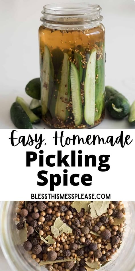 A simple homemade pickling spice recipe made from a mix of herbs and seasoning to make refrigerator pickles, overnight pickles, canned pickles and more! #homemadepicklingspice #easypicklingspicerecipe #easypicklingspice #pickles #overnightpickles #homemadepickles #picklingspicerecipe Easy Pickling Spice Recipe, Overnight Pickles, Pickling Spice Recipe, Homemade Pickling Spice, Creative Canning, Pickling Spices, Pickle Brine, Pickle Seasoning, Canned Pickles