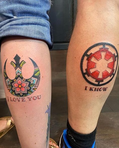 Emily Kleier Gehring on Instagram: "Newest ink! Jason and I got Star Wars tattoos tonight and we’re so damn happy with them. If you’re not familiar, Princess Leia tells Han Solo “I love you” and he says “I know” ❤️ Huge shoutout to @skotydont for his amazing skills. These turned out better than we could’ve hoped for! #ink #tattoo #starwarsnerd #starwars #newink #tattoolove #hansolo #rebelalliance #rebelalliancetattoo #princessleia #cbusink @sacredhandtattoo" Matching Tattoo Ideas For Couples, Tattoo Ideas For Couples, Matching Tattoo Ideas, Winter Tattoo, Him And Her Tattoos, Tattoo Lounge, Couple Tattoos Love, Couple Tattoos Unique Meaningful, Star Wars Couples