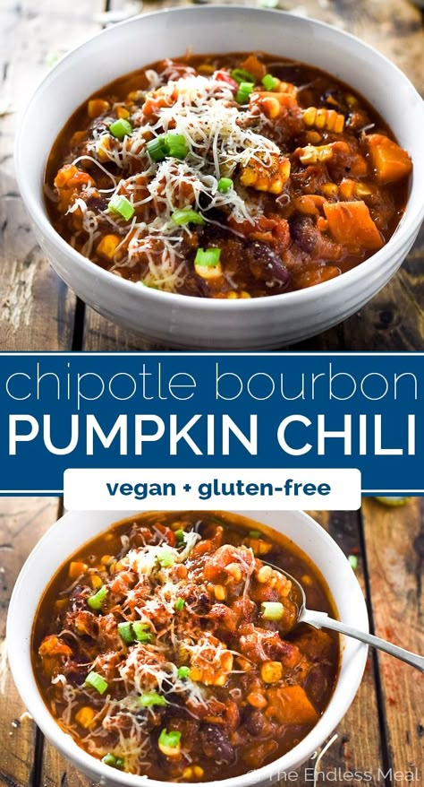 Chipotle Bourbon Pumpkin Chili - The Endless Meal® Dinner Meatless, Chili Vegan, Pumpkin Chili, Meatless Monday Recipes, Fall Dinner Recipes, Vegetarian Chili, Fall Dinner, Vegetarian Recipes Easy, Vegan Dinner