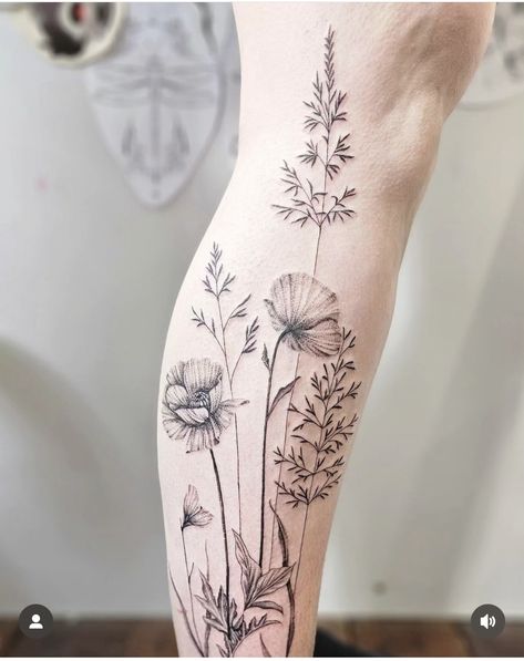 Prairie Grass Tattoo, Wildflower Arm Tattoo, Wild Flower Tattoo Designs, Wildflower Leg Tattoo, Botanical Leg Tattoo, Grass Tattoo, Herbal Tattoo, Flower Tattoo Stencils, Tattoo Pierna