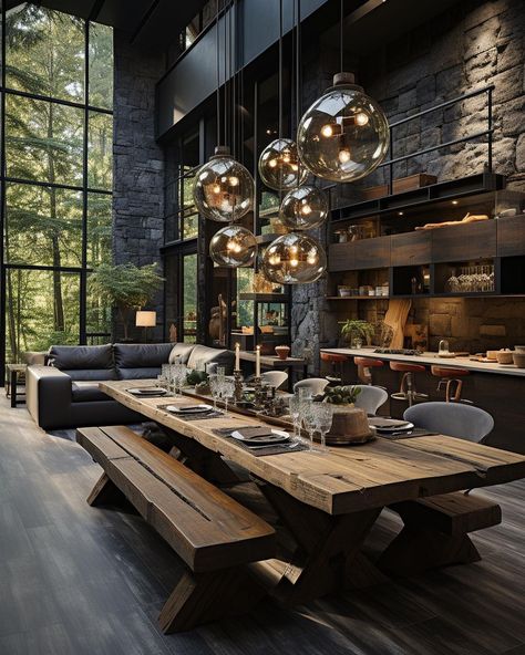 A touch of green, a dash of luxury, and a whole lot of elegance. @idlnasia Follow @breckandfox more inspiration! Dining Room Mountain Home, Chalet Dining Room, Inside Aesthetic, Winter Hotel, Rustic Mountain Homes, Sustainable Home Decor, Modern Mountain Home, Dark Home Decor, House Arch Design