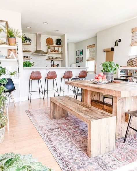 This uplifting dining room design is equal parts bright, breezy, and inviting. Plus, pair that wood with a bunch of botanicals and pops of warm hues and you'll have an inviting, organic oasis, no matter the space you're working with. #hunkerhome #diningroom #diningroomideas #contemporary #opendiningroom Kitchen Dining Room Combo, Dining Room Combo, Dining Room Inspiration, Design Industrial, Farmhouse Dining Room, Room Decorations, Boho Living Room, Farmhouse Dining, Dining Room Design