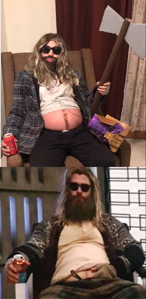 #fatthor #thor #costume #halloweencostume Pregnant Thor Costume, Fat Thor Pregnancy Costume, Fat Thor Costume, Thor Halloween Costume, Beard Halloween Costumes, Fat Thor, Emo Heart, Thor Costume, Beard Costume