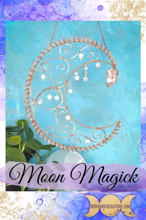 Crescent Moon Suncatcher, Diy Moon Decorations Craft Ideas, Wire Suncatcher, Spiritual Room Decor, Moon Plant, Wire Wrapped Moon, Spiritual Room, Moon Suncatcher, Wire Creations