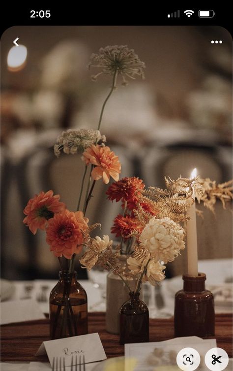 Multi Colored Candles Wedding, Less Flowers Wedding Decor, Autumnal Wedding Flowers Table, Indoor Fall Wedding Decorations, Fall Pergola Decorations Wedding, Minimal Fall Wedding Centerpieces, Desert Sunset Wedding Theme, Botanical Fall Wedding, Wedding Centerpieces Dried Flowers