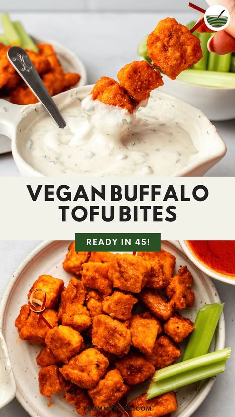 These crispy oven-baked Vegan Buffalo Tofu Bites are drenched in a spicy buffalo wing sauce and perfect as an appetizer or dinner protein! Vegan Ranch Dip, Tofu Wings, Healthy Buffalo Cauliflower, Baked Buffalo Cauliflower Bites, Vegetarische Diners, Wings Buffalo, Buffalo Cauliflower Recipes, Buffalo Tofu, Baked Buffalo Cauliflower