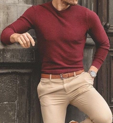 Maroon Long Sleeve Shirt Outfits Men, Men’s Brown Shirt Outfit, Burgundy Outfit Men Casual, Red And Beige Outfit Men, Red Long Sleeve Shirt Outfit Men, Red And Brown Outfit Men, Jewel Tone Outfits Men, Tan And Red Outfits, Men’s Red Outfit