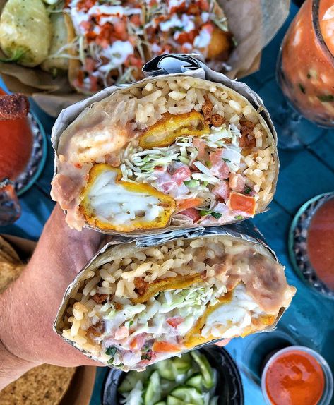 Bet you haven’t seen too many fried fish burritos! 🔥🌯 Ours comes with fried fish, rice, beans, cabbage, pico de gallo and sour cream! 🐟🦐… Fish Burritos, Fish Burrito, Fish Rice, Fried Cod, Beer Battered Fish, Rice Beans, K Food, Dessert Salads, Food Drinks Dessert