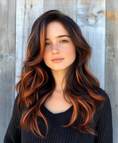 Face Framing Copper Highlights, Hair Color With Hazel Eyes, Black Hair Orange Highlights, Black Hair Copper Highlights, Black Hair With Copper, Black Copper Hair, Orange Highlights In Brown Hair, Black Hair With Copper Highlights, Copper Highlights On Black Hair