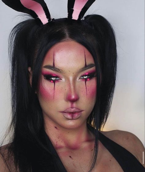 Bunny Costume Hairstyle, Black Bunny Makeup Halloween Look, Bunny Cosplay Makeup, Killer Rabbit Costume, Kawaii Bunny Makeup, Dead Bunny Makeup, Pink Bunny Makeup Halloween, Black Bunny Makeup Halloween, Black Rabbit Makeup