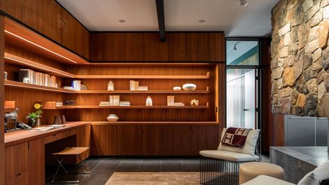 Photo 11 of 18 in An Award-Winning Midcentury Residence in Los Angeles County Asks $3.9M - Dwell Mid Century Home Office Design, Mid Century Built In Storage, L Shape Shelves, Mid Century Modern Built Ins, Open Shelving Office, Lit Shelving, Shelves Lighting, Sideboard Ideas, L Shaped Shelves