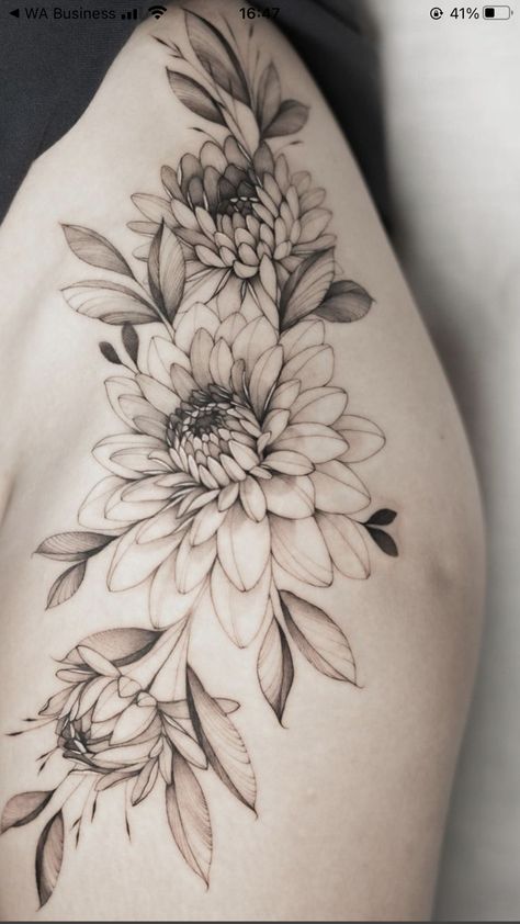 Dahlia Flower Fine Line Tattoo, Dahlia And Rose Tattoo, Dahlia Hip Tattoo, Flowers And Insects Tattoo, Dahlia Flower Tattoo Designs, Fine Line Dahlia Tattoo, Dahlia Fine Line Tattoo, Dahlia Tattoo Shoulder, Blackout Floral Tattoo