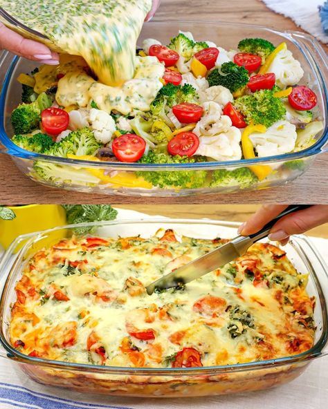 Cauliflower and Broccoli Vegetable Casserole with Garlic Sauce - Greenku Recipes Creamy Baked Broccoli With Tomatoes And Kale, Cauliflower And Broccoli Bake, Broccoli And Cauliflower Casserole, Veg Casserole, Veggie Casseroles, Broccoli Cauliflower Casserole, Vegetable Casseroles, Vegetable Meals, Broccoli Vegetable