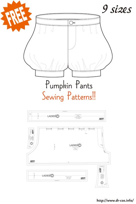 This is the pattern of Pumpkin Pants. inch size(letter size) Children's-4,8,10/Ladies'-S,M,L,LL/Men's-L,LL cm size(A4 size) Children's-100,120,140/Ladies'-S,M,L,LL/Men's-L,LL Added the number of fabric meters required for each size Larp Pants Pattern, Pumpkin Pants Pattern, Puffy Shorts Pattern, Jester Pants Pattern, Puffy Pants Pattern, Pantaloons Pattern Free, How To Sew A Sphere, Doll Pants Pattern, Pumpkin Pants