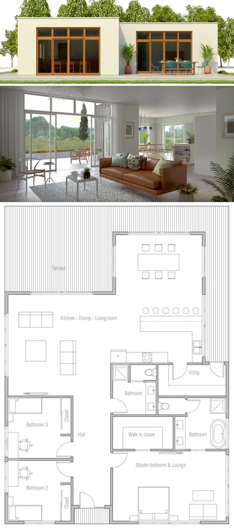 Planta de Casa Modern House Floor Plans, Modern Minimalist House, Minimal House, Two Story House Plans, Two Story House, Minimalist House, Casas Coloniales, Small House Plan, Modern Bungalow