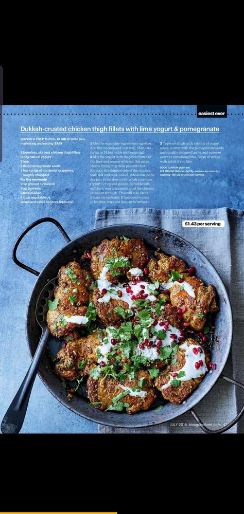 Dukkah crusted chicken thigh fillets with lime yogurt and pomegranate Dukkah Chicken, Low Carb Quick Meals, Chicken Thigh Fillets, Carb Quick, Rolled Roast, Easy Marinades, Midweek Meals, Natural Yogurt, Crusted Chicken