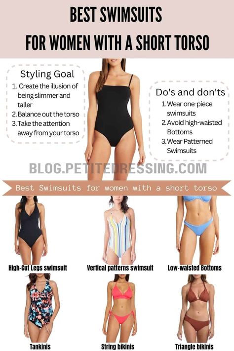 Swimsuits guide for women with a short torso Short Torso Outfits, Swimsuits For Small Bust, Short Legs Long Torso, Fun One Piece Swimsuit, Petite Swimwear, Legs Outfit, Halter Neck Swimsuit, Swimsuit With Shorts, Swimsuits Outfits