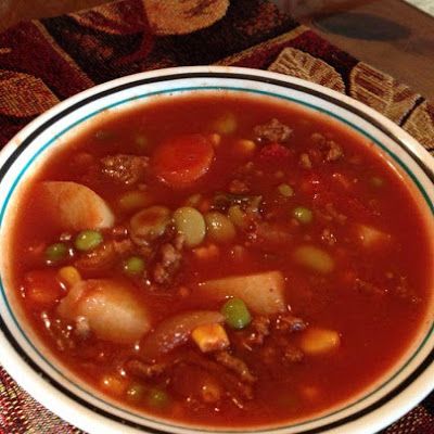 "School Soup"  (from the author's elementary school's cooks!  Fun story.) School Soup Recipe, School Soup, School Cafeteria Food, School Lunch Recipes, Cafeteria Food, Beef Soup Recipes, Soup Maker, Vegetable Beef Soup, School Cafeteria