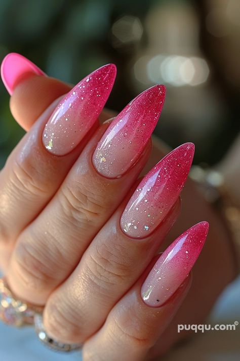 Pink Ombre Nails: Trendy Nail Designs for a Stunning Look - Puqqu Glittery Ombre Acrylic Nails, Glitter Hot Pink Nails, Fuschia Ombre Nails, Hot Pink Ombré Nails, Pink Ombre Nails With Glitter, Lovecore Nails, Hot Pink Nail Design, Pink Glitter Ombre Nails, Pink Ombre Nail Designs