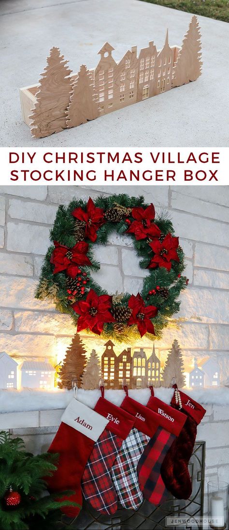 How to make a DIY Christmas village silhouette holiday stocking hanger box Christmas Village Silhouette, Village Silhouette, Diy Stocking Holder, Diy Stockings, Diy Christmas Village, Christmas Stockings Diy, Christmas Stocking Holders, Stocking Hanger, Friends Diy