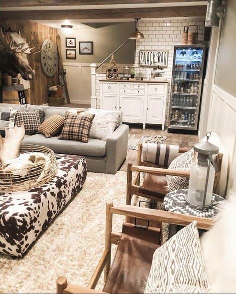 Fall Cabin, Pinterest House, Basement Ideas Finished, Western Living Room, Basement Ideas On A Budget, Dream Basement, Hangout Room, Rustic Basement, Basement Remodel Diy