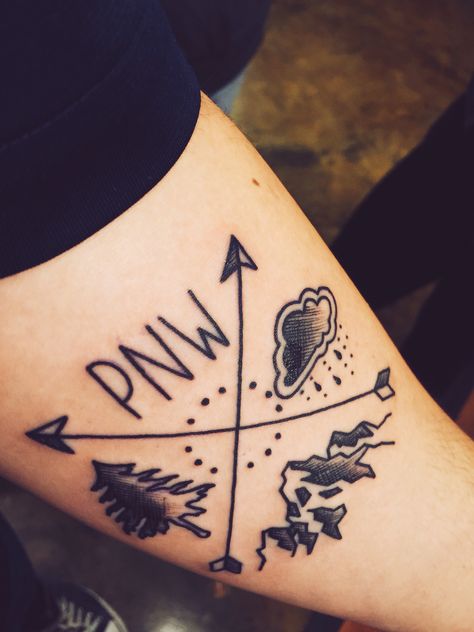 My Pacific Northwest Tattoo I got on Friday the 13th  I love this thing, represents where I grew up so well, (pic was taken when fresh sorry haha).    #PacificNorthwest #Washington #WestCoast #Oregon #Canada #Seattle #WhidbeyIsland #Tattoo Northwest Tattoo, Pacific Northwest Tattoo, Washington Tattoo, Oregon Tattoo, Pnw Tattoo, State Tattoos, Friday The 13th Tattoo, Seattle Tattoo, 13 Tattoos