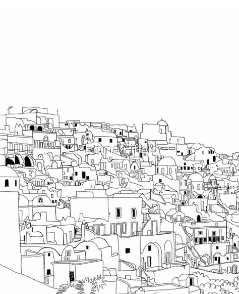 Greece Sketch, Greece Black And White, Sketch Black And White, Urban Sketch, Mykonos Greece, Greek Art, Black And White Drawing, Naive Art, British Artist