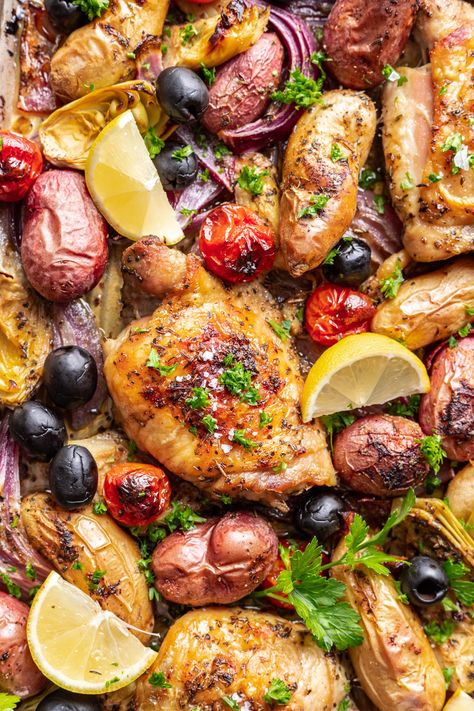 Zippy Chicken Thigh Sheet Pan Dinner - Life is but a Dish Chicken Recipes With Vegetables, Sheet Pan Chicken Thighs, Sheet Pan Chicken, Sheet Pan Dinners Chicken, Boneless Skinless Chicken Thighs, Pan Chicken, Skinless Chicken Thighs, Chicken Main Dishes, Sheet Pan Dinners