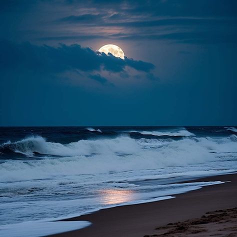 Deep Blue Sea Aesthetic, Moonlight Ocean Aesthetic, Island Birthday, Deep Ocean Blue Aesthetic, Blue Hour Ocean, Moon Beach, Blue Hour Ocean Aesthetic, Waves Photography, Seascape Photography