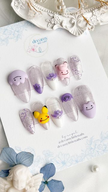 Ditto Nails Pokemon, Nail Designs Pokemon, Mimikyu Nails, Ditto Nails, Pokemon Nails Designs, Kawaii Nail Designs, Pokemon Nail Art, Pokemon Nails, Pale Nails