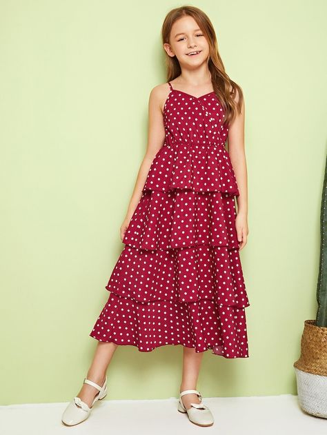 Girls Polka-dot Print Layered Ruffle Hem Slip Dress | SHEIN Kids Summer Dresses, Frocks Design, Shein Kids, Frock Patterns, Kids Frocks Design, Kids Dress Patterns, Kids Gown, Kids Fashion Dress