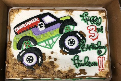 Monster Truck Sheet Cake Ideas, Monster Truck Sheet Cake, Truck Sheet Cake, Message Cookies, Cookie Cake Designs, Monster Truck Party, Sheet Cakes, Cake Inspo, Truck Party