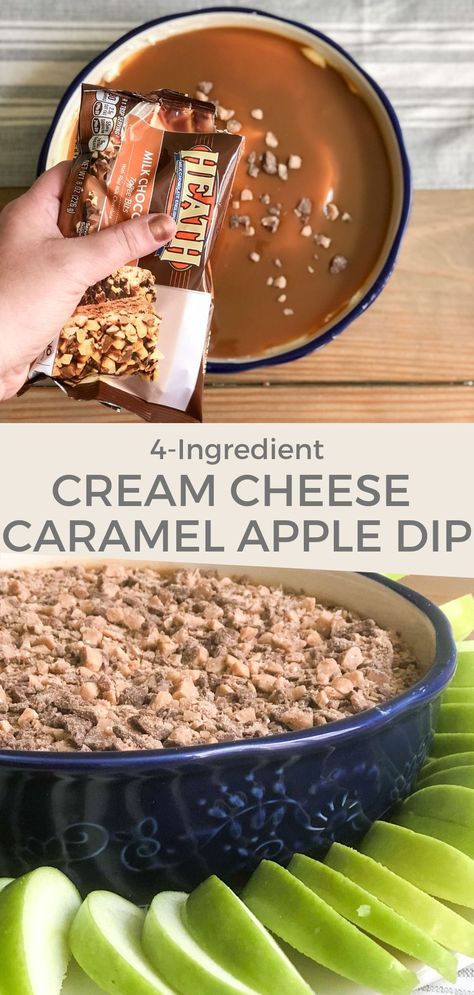 Yummy 4-ingredient Cream Cheese Caramel Apple Dip #creamcheese #appledip #fallrecipe #fallrecipes Apple Cream Cheese Dip, Cream Cheese Caramel Apple Dip, Caramel Apple Kits, Dessert Dip Recipes, Apple Cream Cheese, Cream Cheese Dip, Caramel Apple Dip, Apple Cream, Delicious Dips Recipes