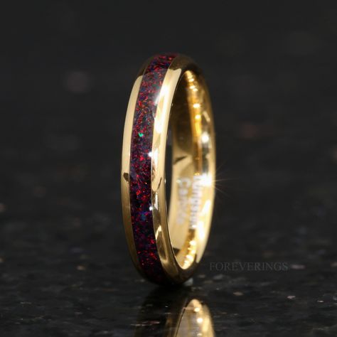 Men Wedding Ring Black, Black Fire Opal, Black Opal Ring, Opal Band, Fire Opal Ring, Opal Ring Gold, Black Fire, Tungsten Wedding Bands, Matching Wedding Bands