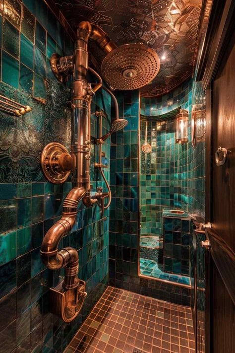 Steampunk House Interiors, Steampunk Interior Design, Victorian Punk, Steampunk Rooms, Steampunk Bathroom, Practical Home Decor, Building Reference, Steampunk Interior, Steampunk Home Decor