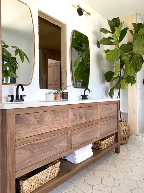 This bathroom is really coming together, and the matte black Two-Handle Precept Faucets by @Peerless are so perfect! #sponsored Sink Vanity Diy, Building Drawers, Organic Contemporary, Vanity Diy, Storing Towels, Wood Bathroom Vanity, Wooden Vanity, Diy Vanity, Double Sink Bathroom