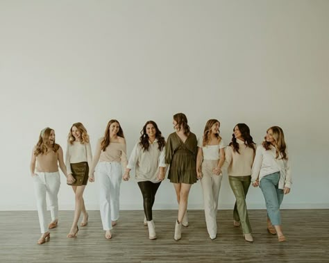 Ladies Group Photoshoot Ideas, Neutral Team Photoshoot, Womens Group Photoshoot, Neutral Color Group Photoshoot, Woman Group Photoshoot, Women Group Photoshoot Ideas, Group Of Women, Creative Group Photoshoot Ideas, Girls Group Photoshoots