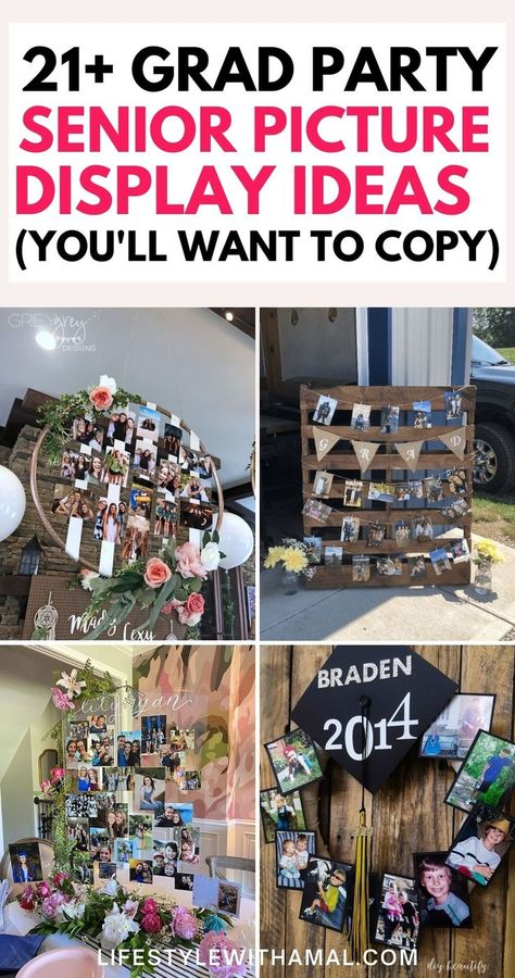 You're going to want to display your senior pictures at your graduation party, so if you are searching for graduation party photo display ideas that are simple and easy, I have got you covered! These 21+ ideas will show off pictures of the grad in the best way and take everyone down the memory lane! You have got to check them out! Graduation Picture Display, Picture Display Ideas, Graduation Party Picture Display, Graduation Photo Displays, Photo Display Ideas, Graduation Display, Boys Graduation Party, Graduation Party Pictures, Graduation Boards