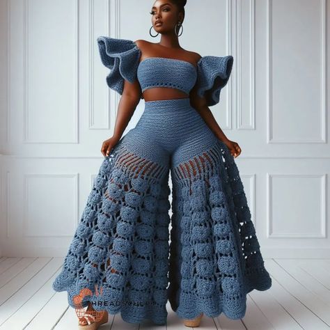 CROCHET PATTERNS AND INSPIRATION | Denim themed crochet❤️😘 #crochetdenim #crochetdenimpants #crochetdenimtops #crochetpantsuits #aiart #aiartwork #aiartcommunity… | Instagram Denim And Crochet, Knitted Outfits For Women, Knitting Dresses, Crocheting Inspiration, Crochet Wear, Crochet Outfit, Crochet Skirts, Handmade Skirts, Crochet Clothing And Accessories