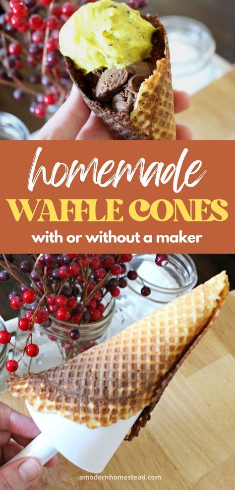 homemade waffle cones being shaped, and a homemade waffle cone filled with ice cream with text that says homemade waffle cones with or without a maker Waffle Cone Recipe Without Maker, Waffle Bowl Recipe, Homemade Waffle Cones, Homemade Waffle, Waffle Cone Maker, Waffle Cone Recipe, Waffle Bowl, Einkorn Flour, Homemade Waffles