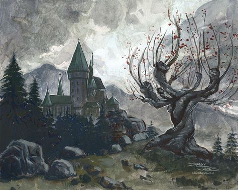 Harry Potter Gouache Painting, Harry Potter Gouache, Harry Potter Willow Tree, Hogwarts Artwork, Christmas Gouache, Wallpaper Male, The Whomping Willow, Hogwarts Painting, Fanart Harry Potter