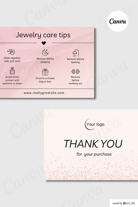 Pink Minimalist Aesthetic Jewelry Care Instru Tag Line For Jewellery Business, Canva Jewelry Template, Aesthetic Packaging Ideas For Jewelry, Thank You Card Jewellery Business, Jewelry Thank You Card Design, Thank You Card For Jewelry Business, Jewellery Care Tips Card, Logos For Jewelry Business, Jewellery Logo Design Ideas Aesthetic