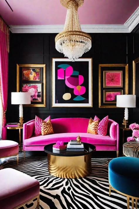 Expressive Interiors: Infinitely versatile, a pink eclectic theme lets you express your creativity through curated design elements. Glam Living Room, Black Living Room, Living Room Decor Inspiration, Future Apartment Decor, Pink Living Room, Office Room Decor, Boutique Interior, Apartment Decor Inspiration, Decor Home Living Room