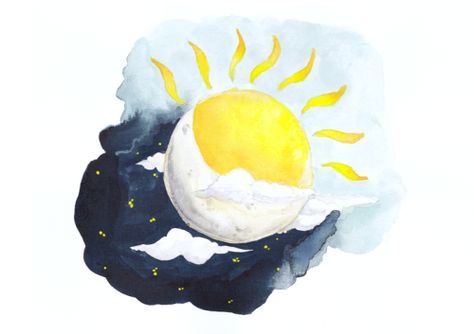 art by wildstag . Sun And Moon Watercolor, Sun Watercolor, Moon Watercolor, Moon Water, Moon And Sun, Color Painting, Day For Night, Sun And Moon, Sun Moon