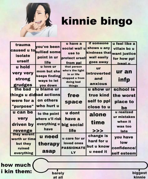 i dont think most lf this is projecting but im literally a carbon coby of junpei @B4NGTANPH1LE (TEMPLATE IS NOT MINE !!!) Kinnie Bingo Jujutsu Kaisen, Jjk Kinnie Bingo, Infp, Mbti, Bingo, Jujutsu, Anime Funny, Let It Be, Fan Art